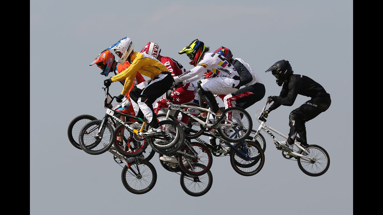 Riders take a jump in the men's BMX cycling semifinals on Day 14 of the London 2012 Olympic Games on August 10.