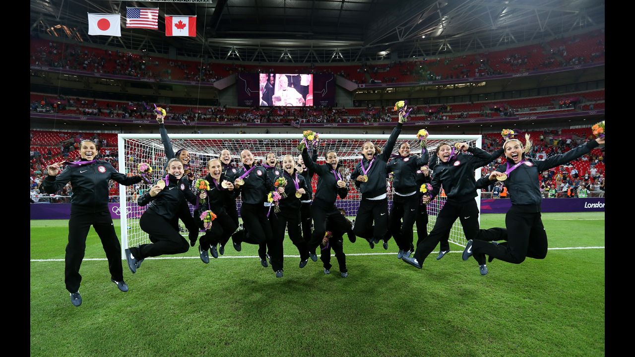 The United States women's soccer team celebrates a gold medal win against Japan on Day 13 of the London 2012 Olympic Games on August 9.