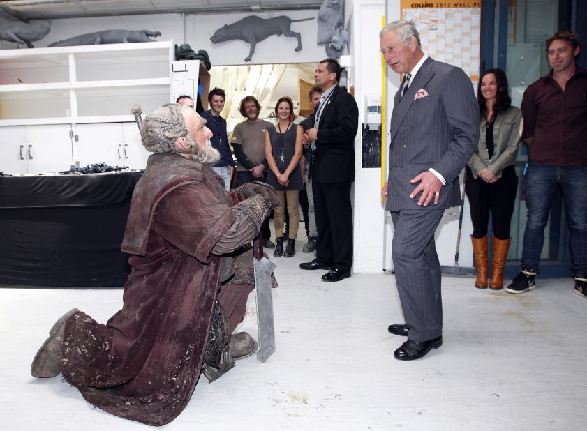 Even Britain's Prince Charles got into the spirit when he met Mark Hadlow who plays the character "Dori" at Wellington's Weta Workshop earlier this month.