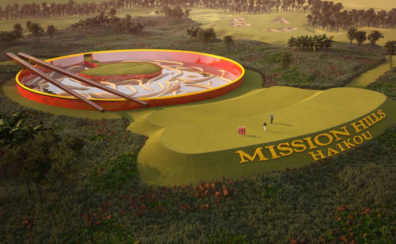 One of the signatures holes on a new fantasy course at Mission Hills in China will see players attempt to hit a green surrounded by a noodle-style hazard complete with chopsticks. 