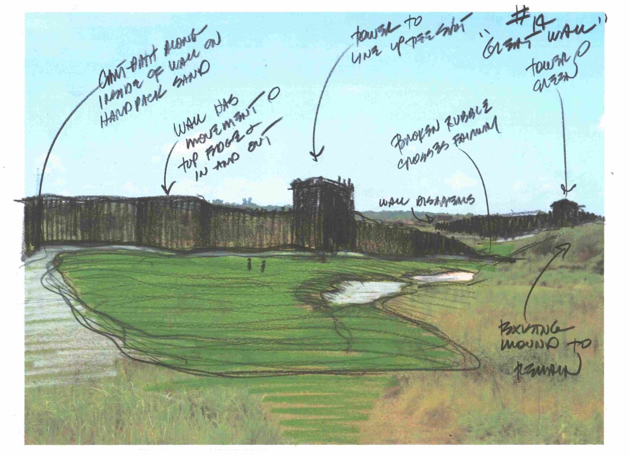 A sketch of the design work behind a hole on the course, in which a mock-up of the Great Wall of China is threaded throughout its entire length.
