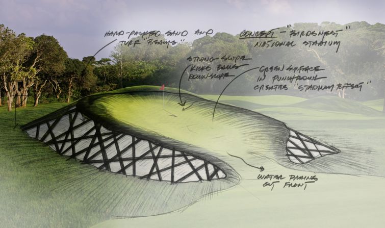 The Birds Nest Stadium which hosted the 2008 Summer Olympics is the inspiration for one of the greens on the new course.
