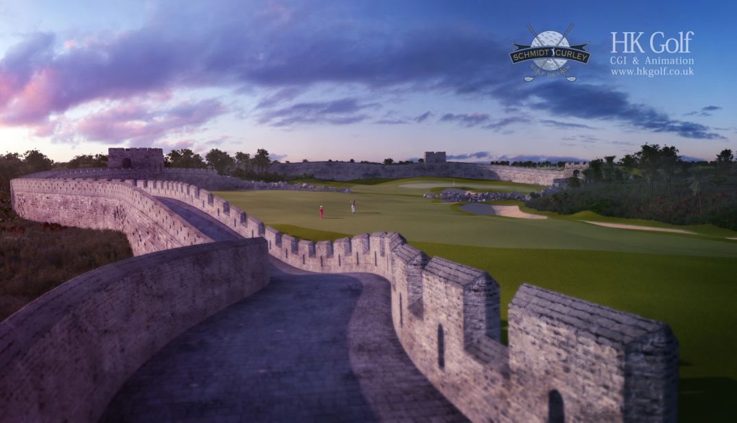 China's Mission Hills golf complex is a fantastical course that incorporates traditional golf with aspects of crazy golf. Pictured is The Great Wall of China hole, a large obstacle for players to contend with.