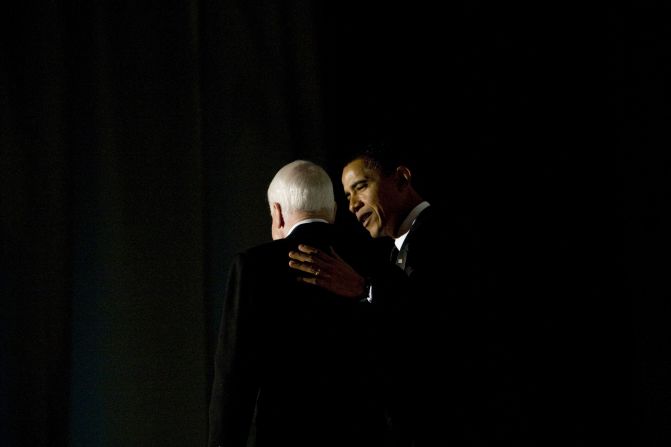 President-elect Barack Obama appeared with his former rival at a bipartisan dinner honoring Sen. John McCain on January 19, 2009, the eve of Obama's inauguration.