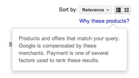 To see this disclaimer on Google Shopping results, you just click on the "Why these products?" link.