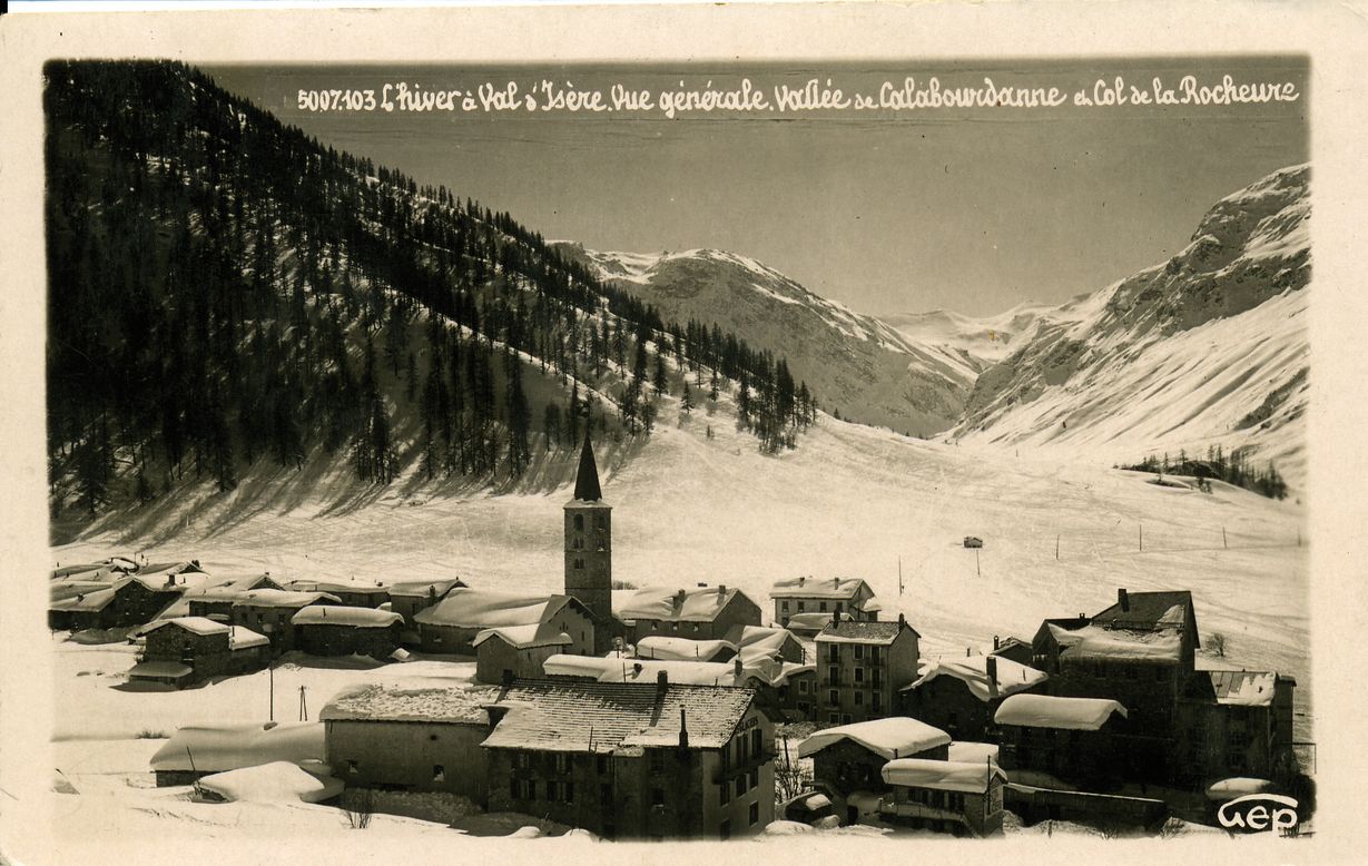 Val d'Isere is a small village that became an internationally renowned ski resort. This picture, from 1896, shows its humble origins, as a handful of homes cluster round its 11th century church.