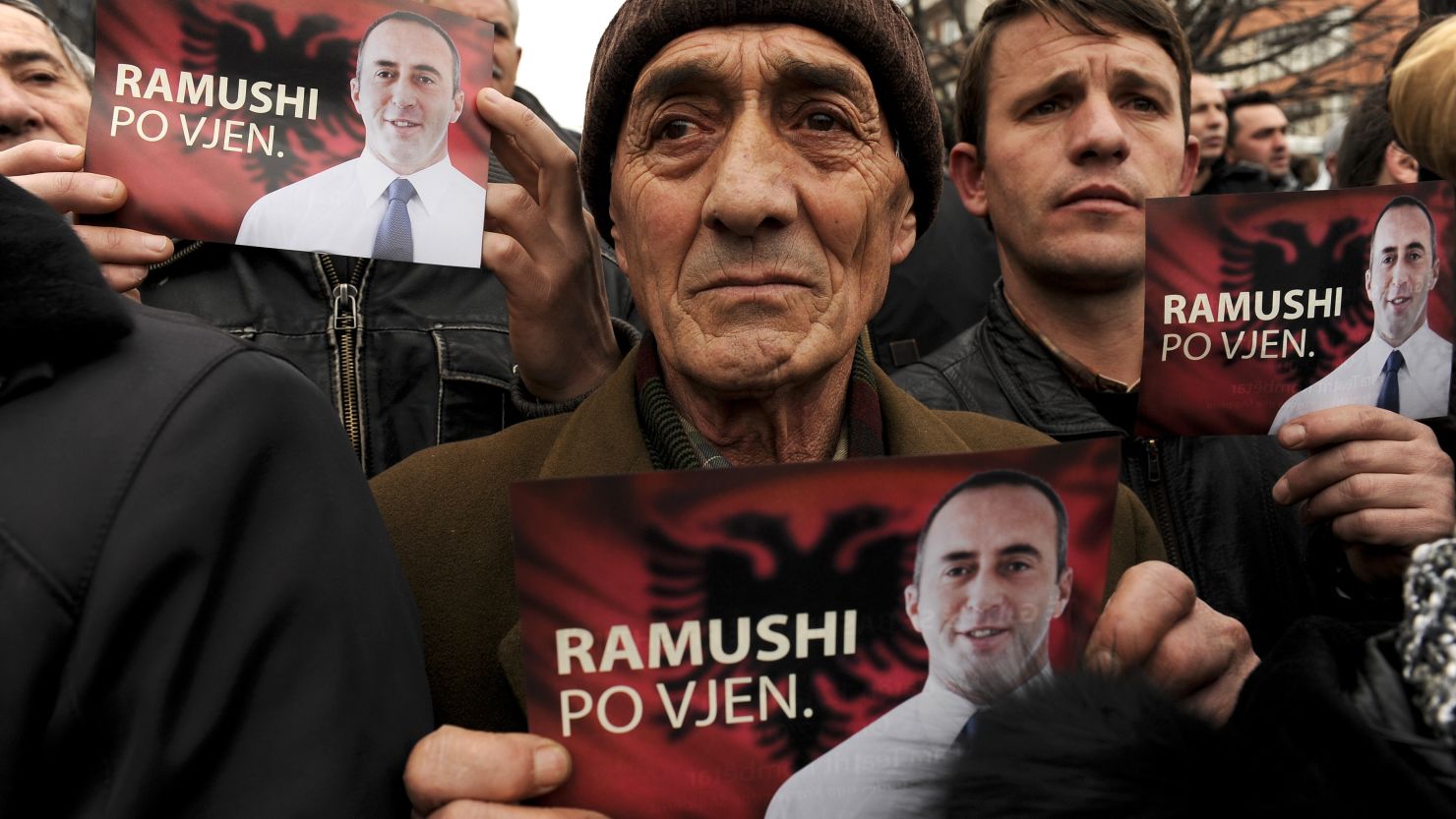 Kosovo Albanians show support for former Prime Minister Ramush Haradinaj at a gathering in Pristina on January 12.