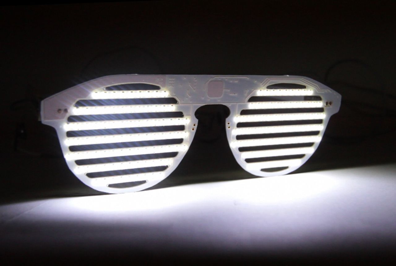 Constructed entirely from circuit board and lined with 175 LEDs, the Bright Eyes sunglasses kit is designed not only as a must-have music-fest fashion accessory, but an introduction into the art of computer coding. 