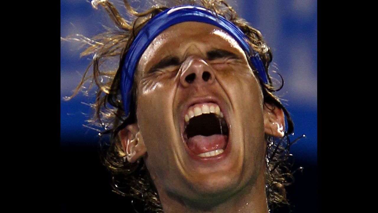 Rafael Nadal of Spain celebrates winning a point in his quarterfinal match against Tomas Berdych of the Czech Republic on day nine of the 2012 Australian Open on January 24 in Melbourne, Australia.