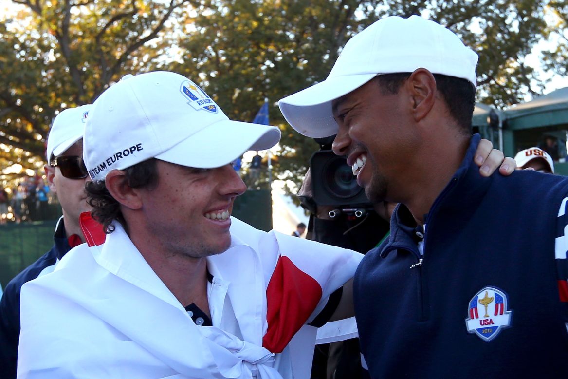 Tiger Woods, right, congratulates Rory McIlroy after Europe's remarkable victory over the U.S. on the final day of the 2012 Ryder Cup in September. The two are big rivals on the golf course, but a friendship has also blossomed this year.