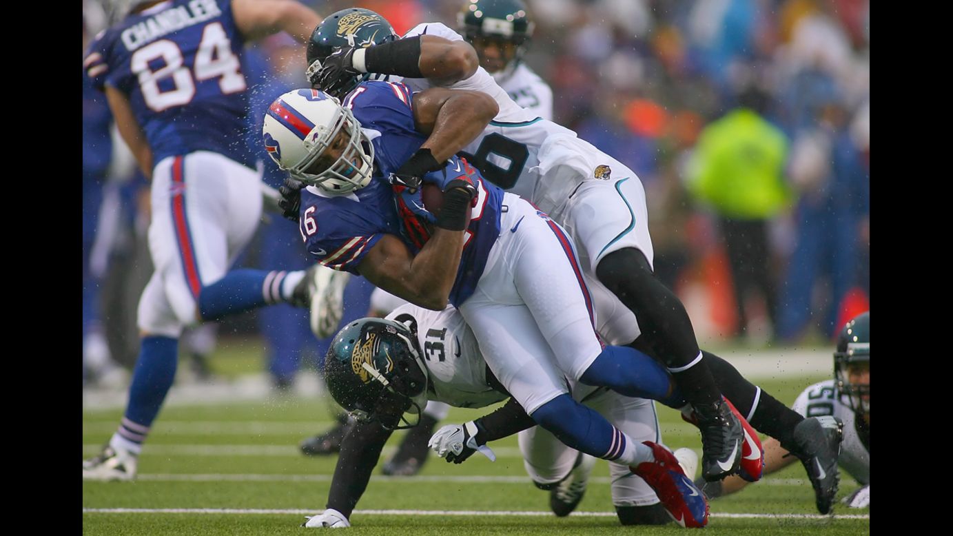 Brad Smith of the Buffalo Bills is stopped after a gain against the Jacksonville Jaguars on Sunday.