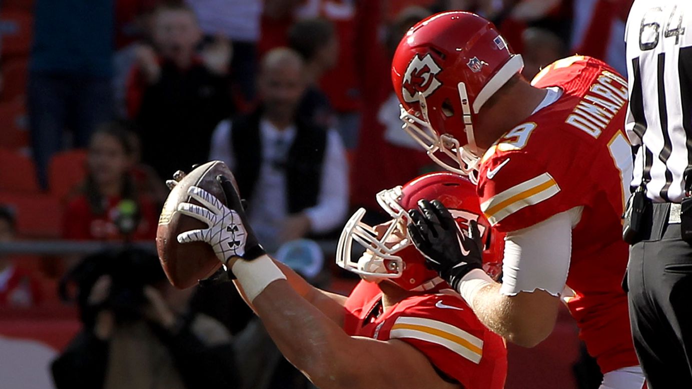 Running back Peyton Hillis of the Kansas City Chiefs celebrates after scoring a touchdown against the Carolina Panthers on Sunday.