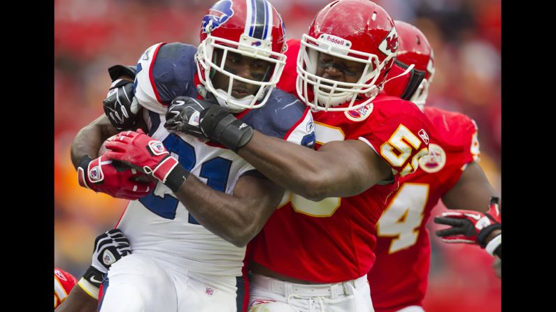 Belcher brings down Buffalo Bills running back C.J. Spiller in the third quarter at Arrowhead Stadium on October 31, 2010.