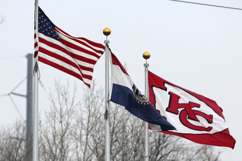 After Belcher and his girlfriend's deaths, flags wave in the wind outside of The University of Kansas Hospital Training Complex used by the Kansas City Chiefs next to Arrowhead Stadium, on Saturday, December 1, 2012.
