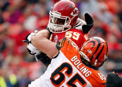 No. 59 Belcher battles guard Clint Boling of the Cincinnati Bengals during the game at Arrowhead Stadium on November 18, 2012 in Kansas City.