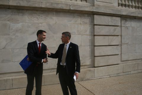 Cotton chats with Republican Rep. Erick Paulsen of Minnesota outside the Cannon House Office Building. 