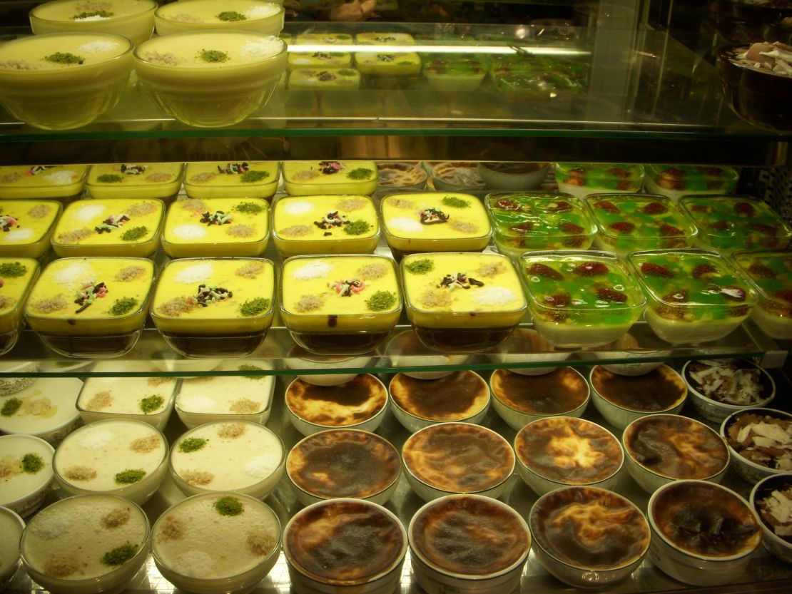 Puddings flavored with fruit, chocolate and vanilla are displayed at the historic Hafiz Mustafa confectionary in Istanbul.