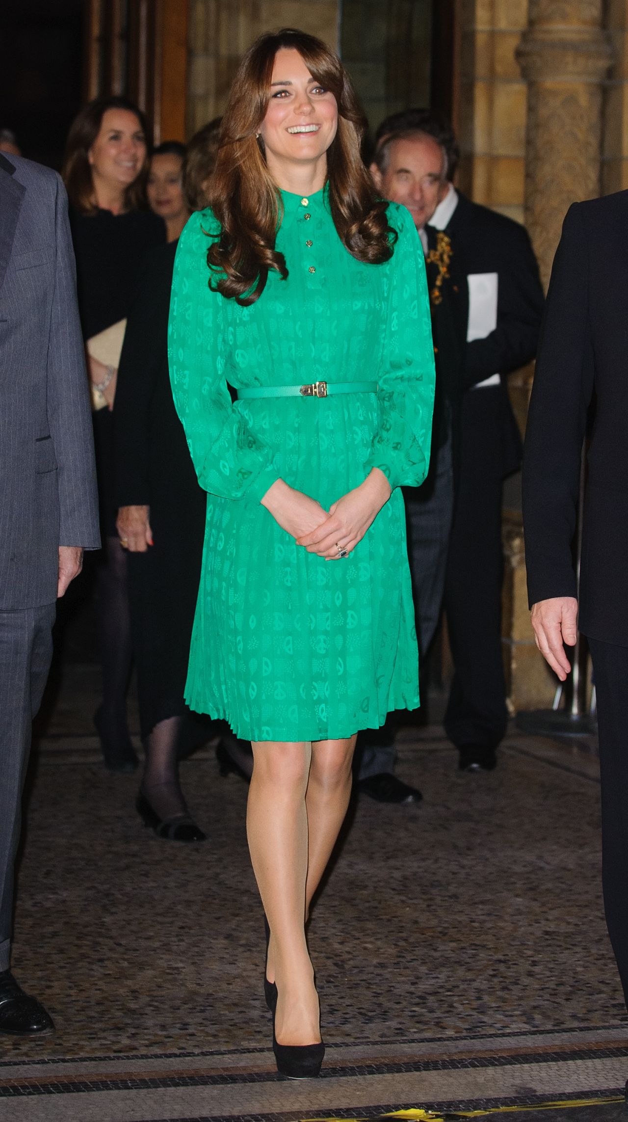 Showing off her new 'do on November 27, she wore a green Mulberry dress to the opening of The Natural History Museum's Treasures Gallery in London.