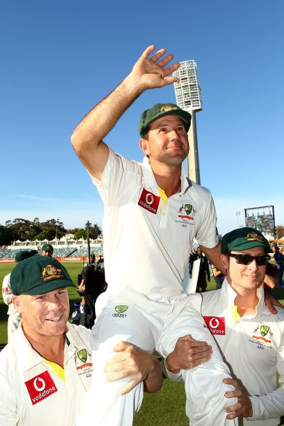 Ricky Ponting is carried from the field by David Warner, left, and Michael Clarke, his successor as Australia captain, after his 168th and final Test match.