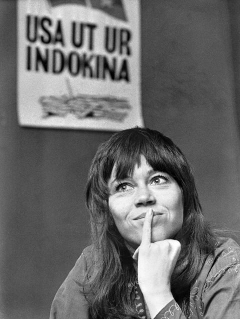 Fonda addresses the media in December 1972 to protest U.S. military involvement in the Vietnam War. She was dubbed "Hanoi Jane" after traveling to the Communist capital.