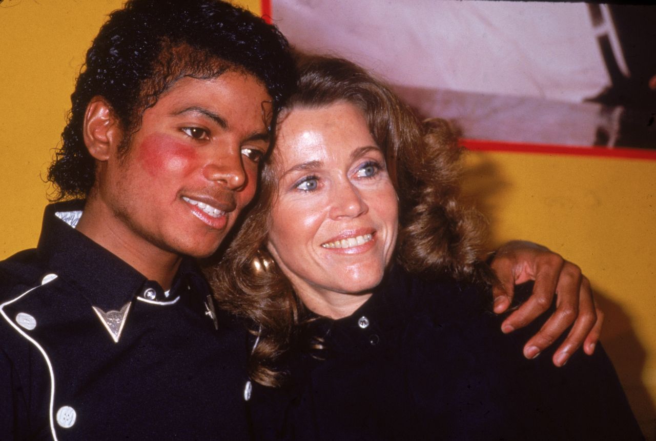 Fonda and pop star Michael Jackson in 1983, celebrate his album "Thriller" and her workout album going gold.