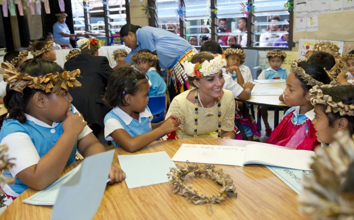 Catherine meets children at Nauti Primary School during the couple's Diamond Jubilee tour of the Far East on September 18, 2012, in Funafuti, Tuvalu. Since her marriage with Prince William, the Duchess has reached out to children and schools all over the world.