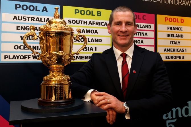 England rugby coach Stuart Lancaster with the Webb Ellis trophy after the draw for the 2015 World Cup, which his country will host. England will be in the toughest group along with Wales and Australia.