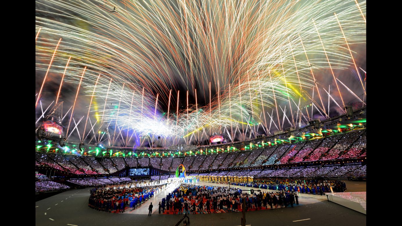 <strong>August 12: </strong>Fireworks explode over the stadium during the closing ceremony of the London Olympics. The Summer Games started on July 27.