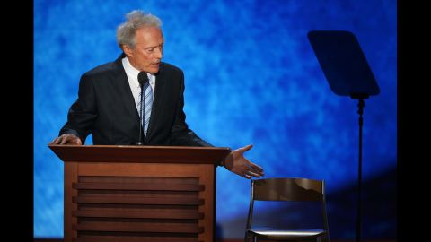 <strong>August 30: </strong>Actor Clint Eastwood speaks on the final day of the Republican National Convention in Tampa, Florida. During his speech, he addressed an "invisible" President Barack Obama sitting in an empty chair.