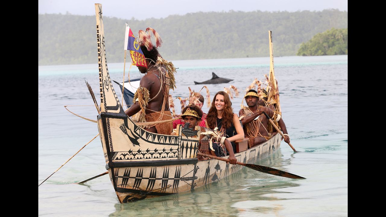 <strong>September 17:</strong> Catherine, Duchess of Cambridge, and Prince William, Duke of Cambridge, travel in a traditional canoe during a visit to Tavanipupu Island on their Diamond Jubilee tour of the Far East.