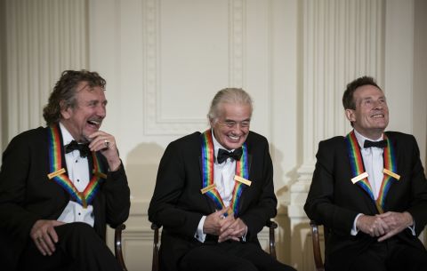 Led Zeppelin's Robert Plant, Jimmy Page and John Paul Jones share a laugh at the White House reception Sunday before the awards ceremony.