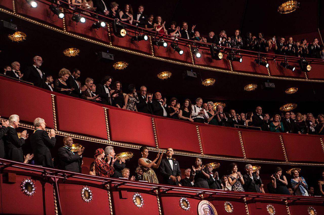 The seven honorees take their place with President Barack Obama and first lady Michelle Obama during the awards ceremony Sunday night at the Kennedy Center.