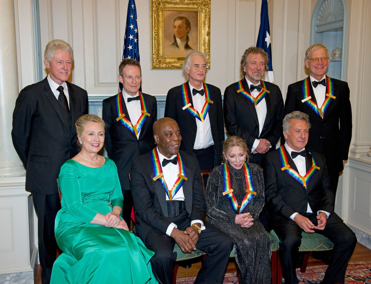 The Clintons honor the recipients at a State Department dinner Saturday. Back row, from left, former U.S. President Bill Clinton, Led Zeppelin's John Paul Jones, Jimmy Page and Robert Plant, and David Letterman. Front row, Hillary Clinton, Buddy Guy, Natalia Makarova and Dustin Hoffman.