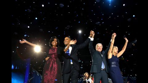 <strong>November 6: </strong>President Barack Obama stands on stage with first lady Michelle Obama, U.S. Vice President Joe Biden and Dr. Jill Biden after his victory speech on Election Night in Chicago. Obama was re-elected with 332 electoral votes and 51% of the popular vote.