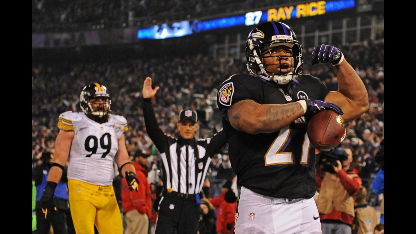 Running back Ray Rice of the Baltimore Ravens celebrates a third quarter touchdown against the Pittsburgh Steelers on Sunday at M&T Bank Stadium in Baltimore.