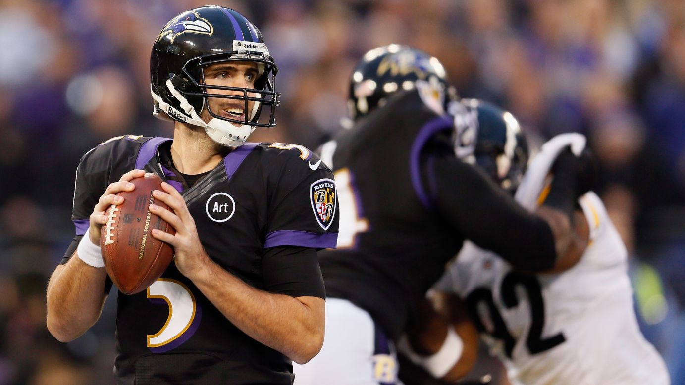 Quarterback Joe Flacco of the Baltimore Ravens drops back to pass against the Pittsburgh Steelers on Sunday.