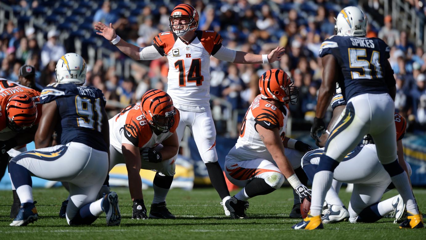 Andy Dalton of the Cincinnati Bengals calls an audible against the San Diego Chargers on Sunday.
