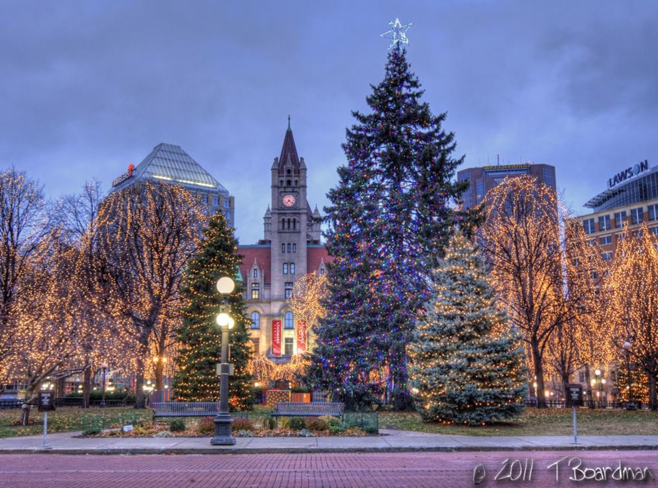 Rice Park, located in downtown St. Paul, Minnesota, gets gussied up for the Christmas holidays. 