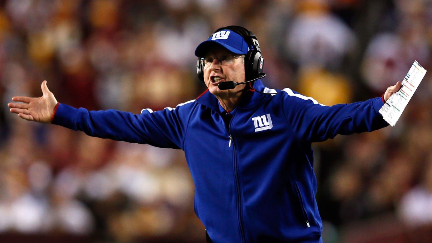 Head coach Tom Coughlin of the New York Giants reacts during Monday night's game against the Washington Redskins.