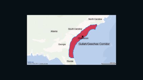 A map showing where the Gullah/Geechee communities are spread throughout the South.