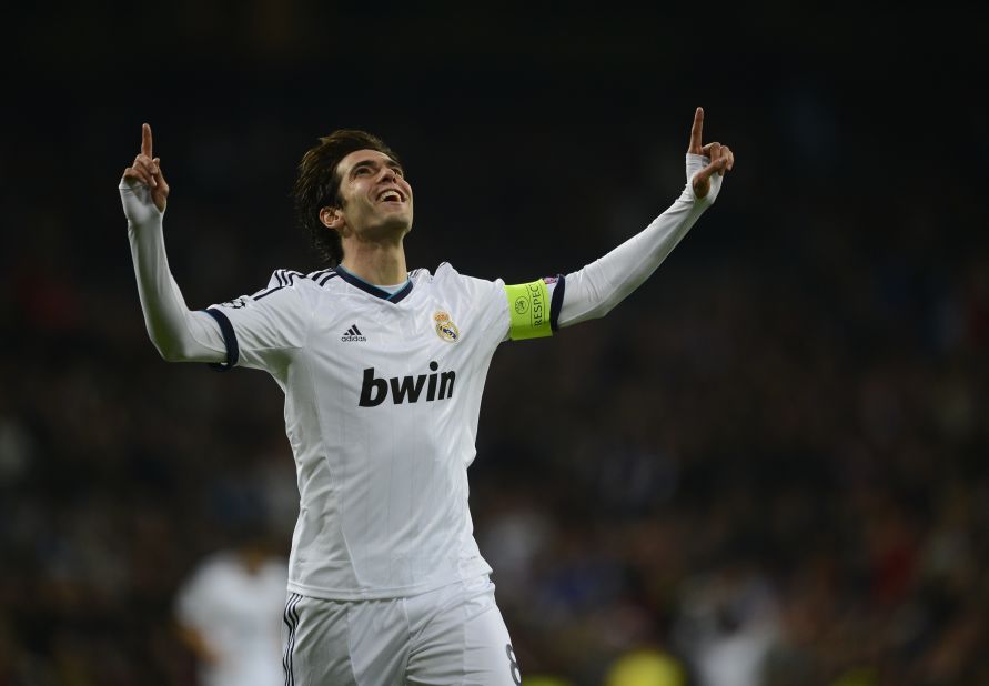 Real Madrid's Kaka celebrates becoming the all-time leading Brazilian goalscorer in Champions League history after claiming his 28th strike in the competition to overtake Rivaldo.