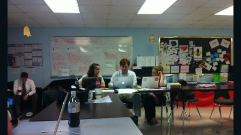 Kickboard CEO Jennifer Medbery, right, meets with engineer Christian Burck and Brenna Benson, of KIPP charter schools.