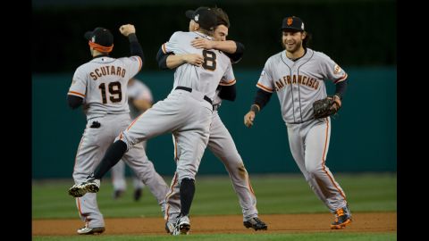 <strong>October 28:</strong> The San Francisco Giants celebrate defeating the Detroit Tigers in the 10th inning to win Game Four -- the deciding game -- of the World Series at Comerica Park in Detroit. 