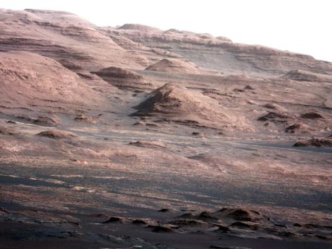 <strong>August 23:</strong> NASA's Curiosity rover transmits an image that shows the base of Mount Sharp, its eventual destination. Curiosity successfully landed on Mars on August 6. 