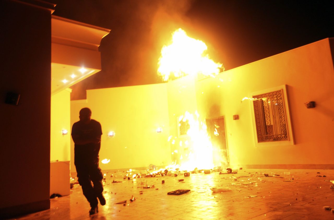 <strong>September 11: </strong>The U.S. Consulate in Benghazi, Libya, is consumed in flames. Chris Stevens, U.S. ambassador to Libya, was killed in an attack on the compound, as were three other Americans. The Obama administration has been criticized for its response to the attack. 
