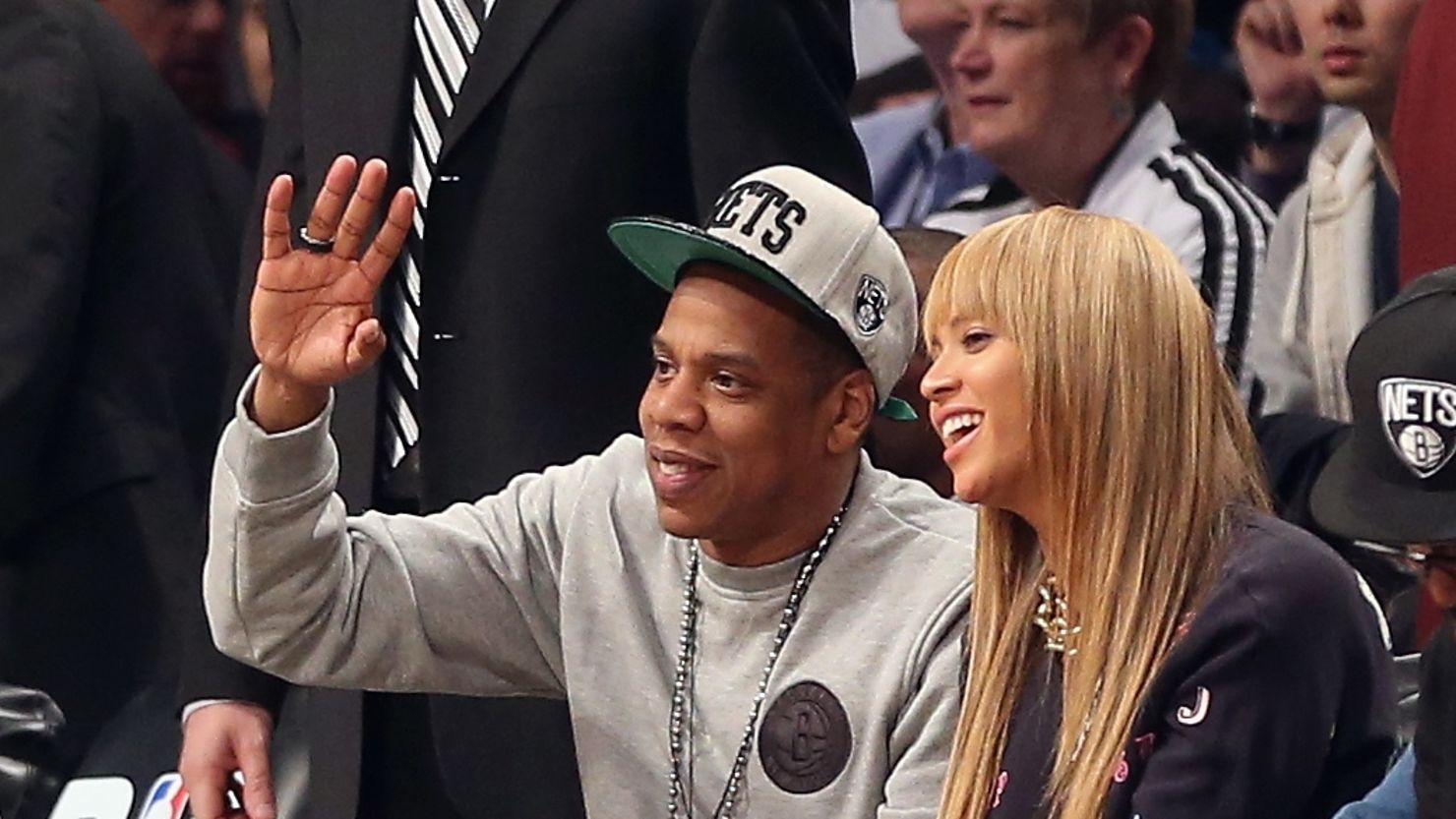 Jay Z and Beyonce attend a Nets game at the Barclays Center.