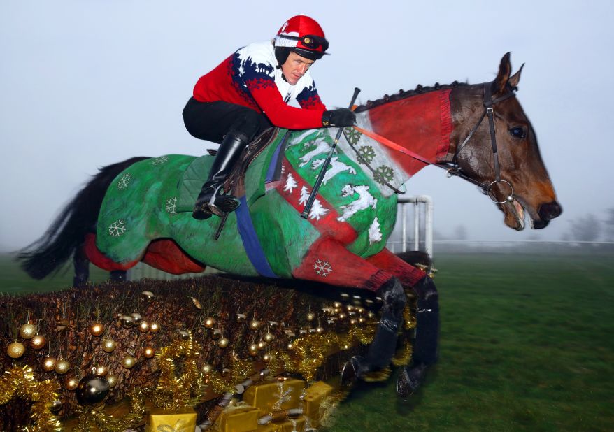 Champion British jockey Tony "AP" McCoy dons a matching Christmas jumper for The Jockey Club's unique equine calendar. Race horse Dr. Livingstone was painted by Rossa. 