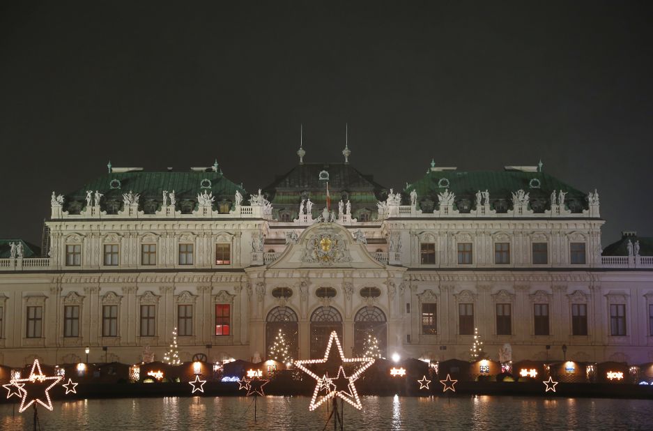 A  relatively understated series of Christmas lights in front of the Belvedere Palace in Vienna.