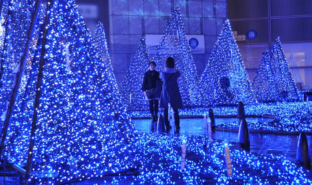 A spectacular display of color-changing LED lights in Tokyo's Shiodome.
