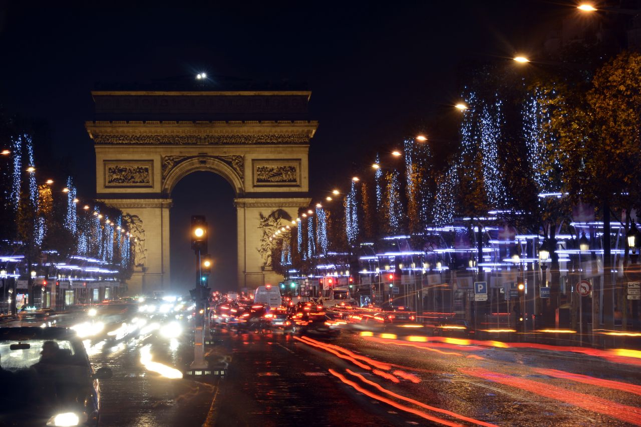 The Champs Elysees decorated with Christmas lights.